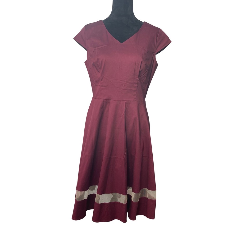 Gardenwed Dress Women L Burgundy Fit and Flare Mesh Hem V-Neck Cap Sleeve Cotton